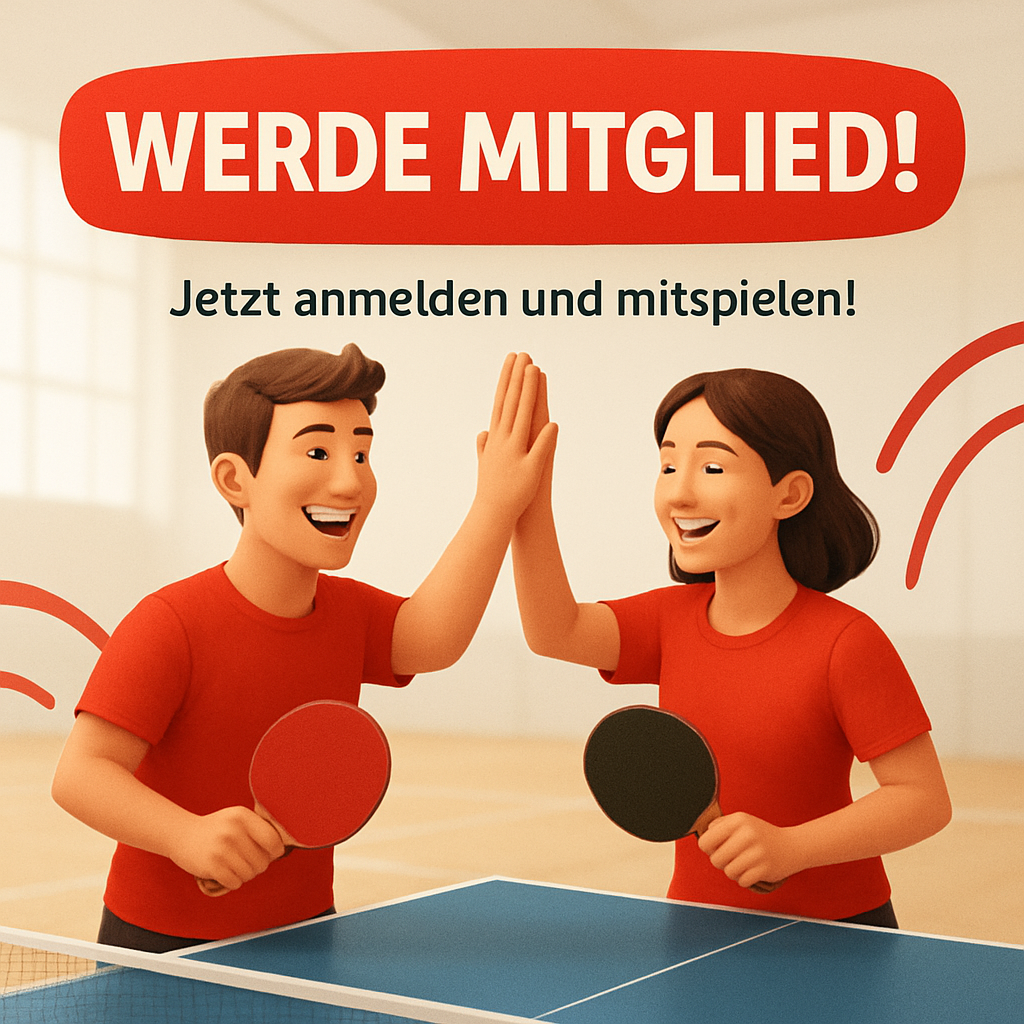 Zwei Tischtennisspieler geben sich die Hand über dem Netz, symbolisiert den Beitritt zum Verein.